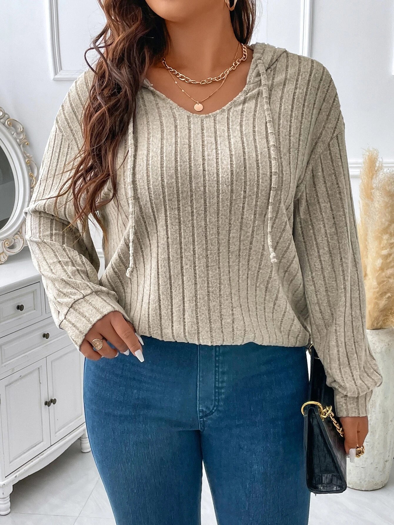 Solid Color Plus Size Women's Clothes Top V-neck