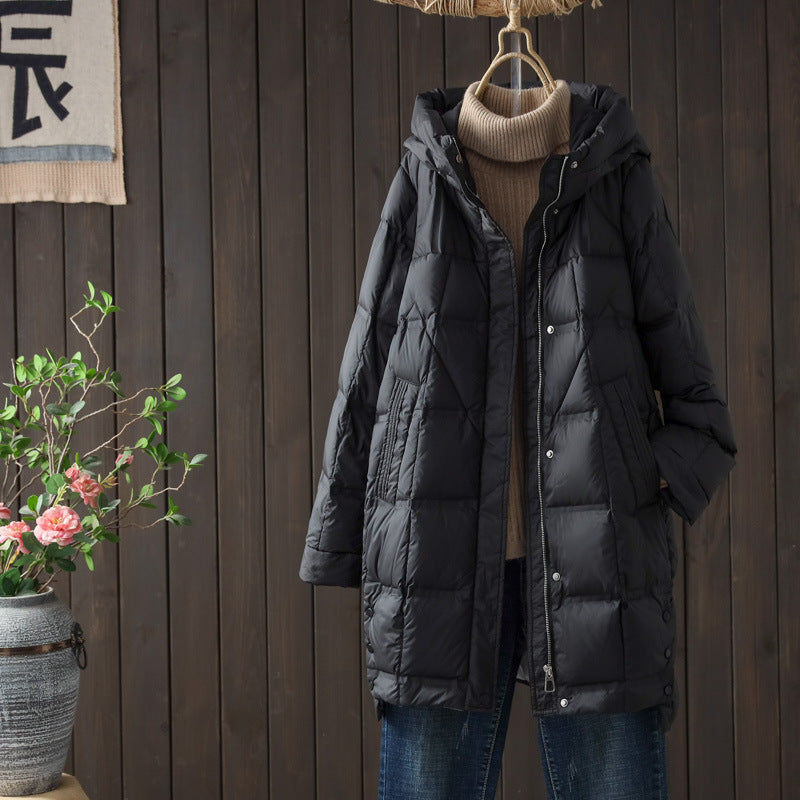 Autumn And Winter New Mid-length Adhesive Hooded Lightweight Down Jacket Women