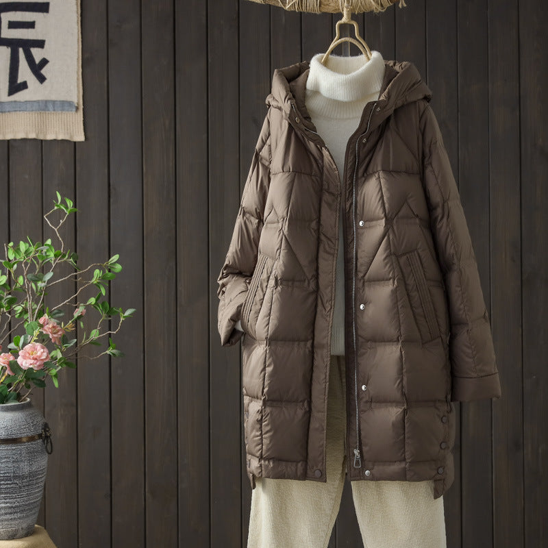 Autumn And Winter New Mid-length Adhesive Hooded Lightweight Down Jacket Women