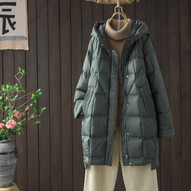 Autumn And Winter New Mid-length Adhesive Hooded Lightweight Down Jacket Women