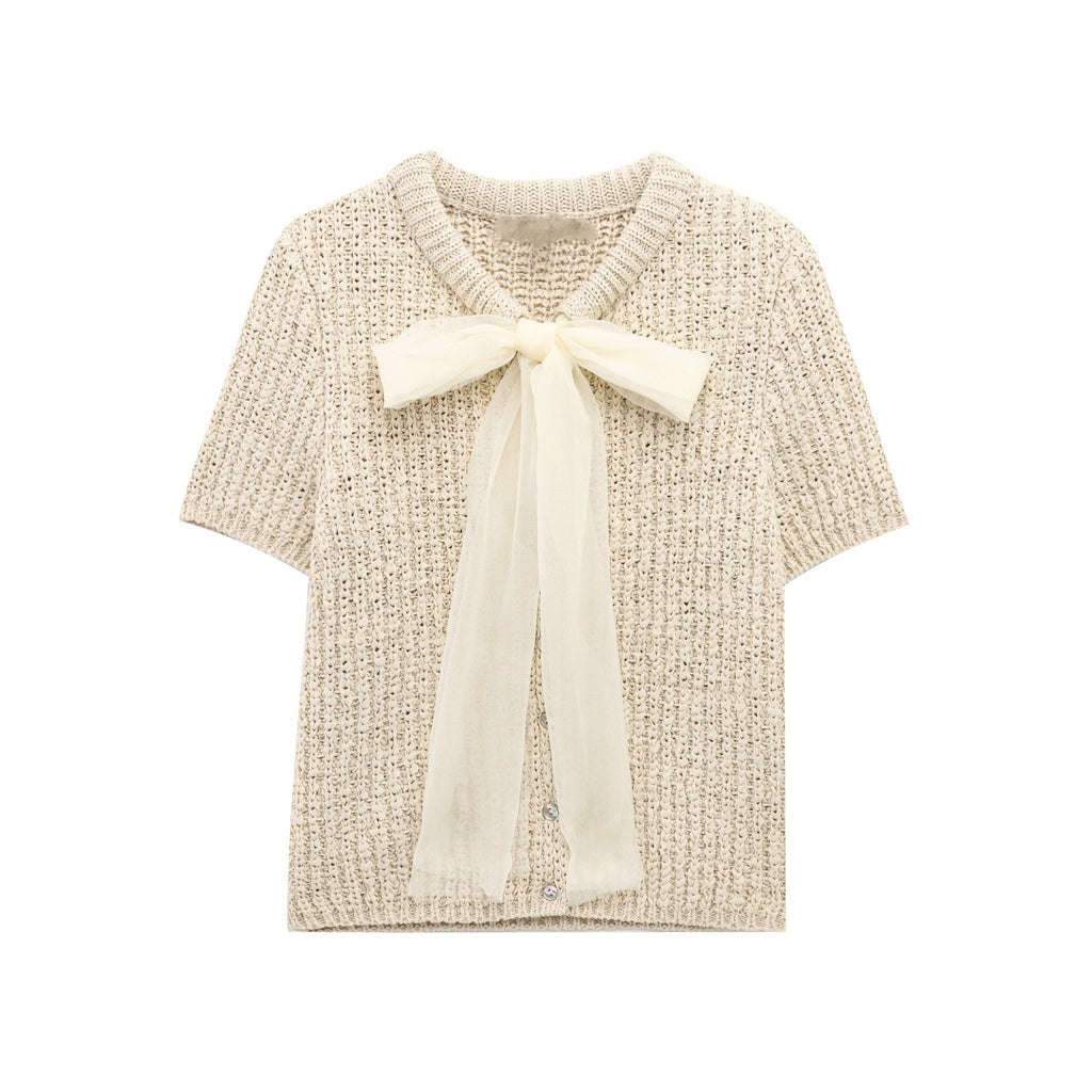 Transparent Organza Bowknot Decoration Knitted Coat